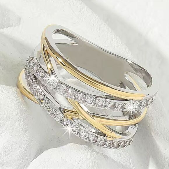 14K Two Tone Gold and Silver Plated Ring with Criss Cross Zircon Band - Picture 2 of 9
